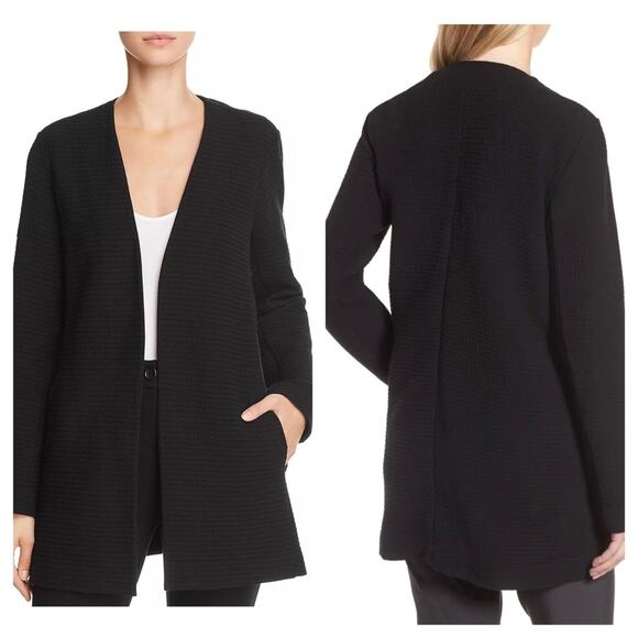 Eileen Fisher Black Geometric Cardi Jacket Small Stretch Textured Open Lagenlook - Picture 1 of 15
